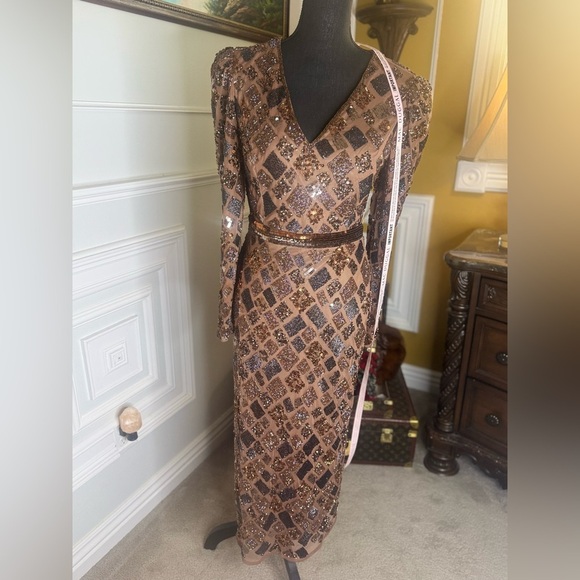 Brown Geo Embellished Midi Sheath Dress - Picture 11 of 15